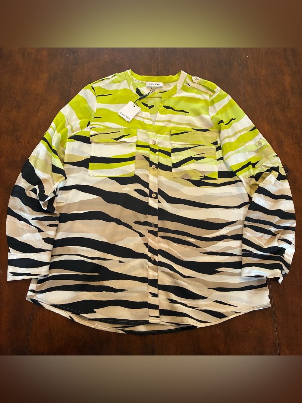 Calvin Klein Lime Green, Black & Tan Zebra Stripe Button-Up Top